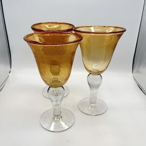 Artland Iris Amber Gold Hand Blown Bubble Glass Wine Water Goblet Set of 3
